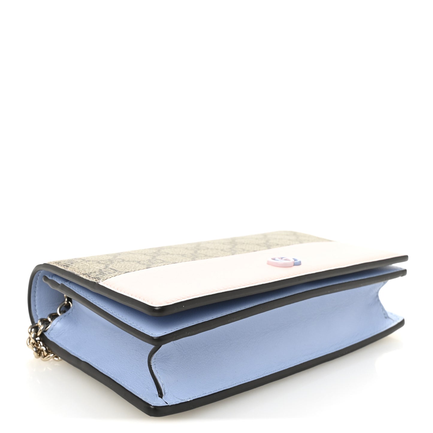 GG Supreme Monogram Textured Dollar Calfskin Mini GG Marmont Chain Wallet Light Pink Blue Beige