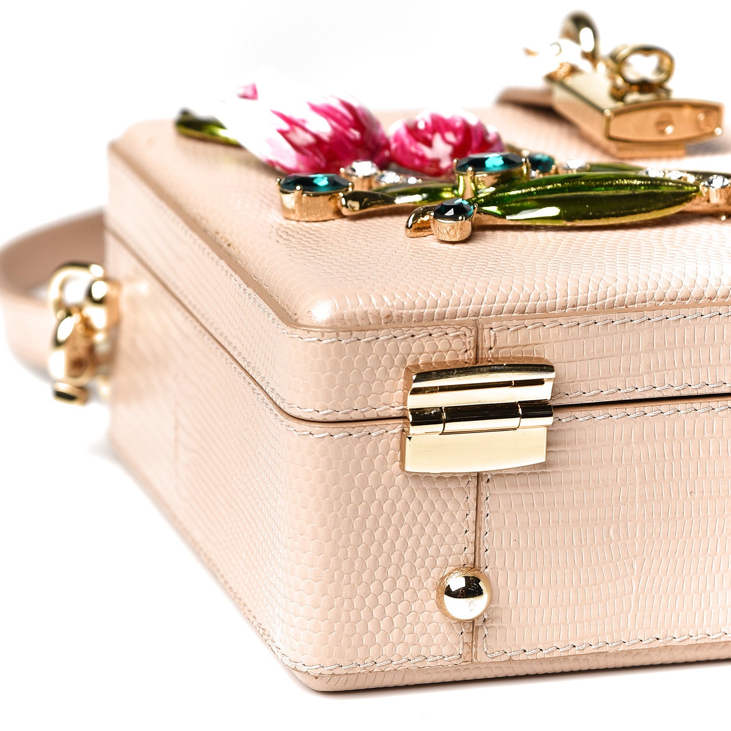 Lizard Calfskin Embossed Dauphine Tulip Crystal Embellished Box Bag Taupe