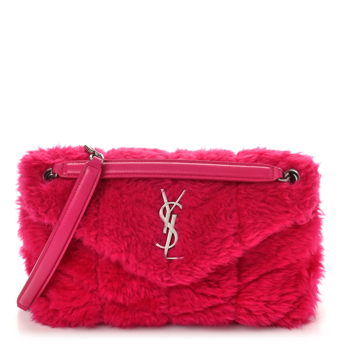 Merino Shearling Lambskin Quilted Small Loulou Puffer Monogram Chain Satchel Fuchsia