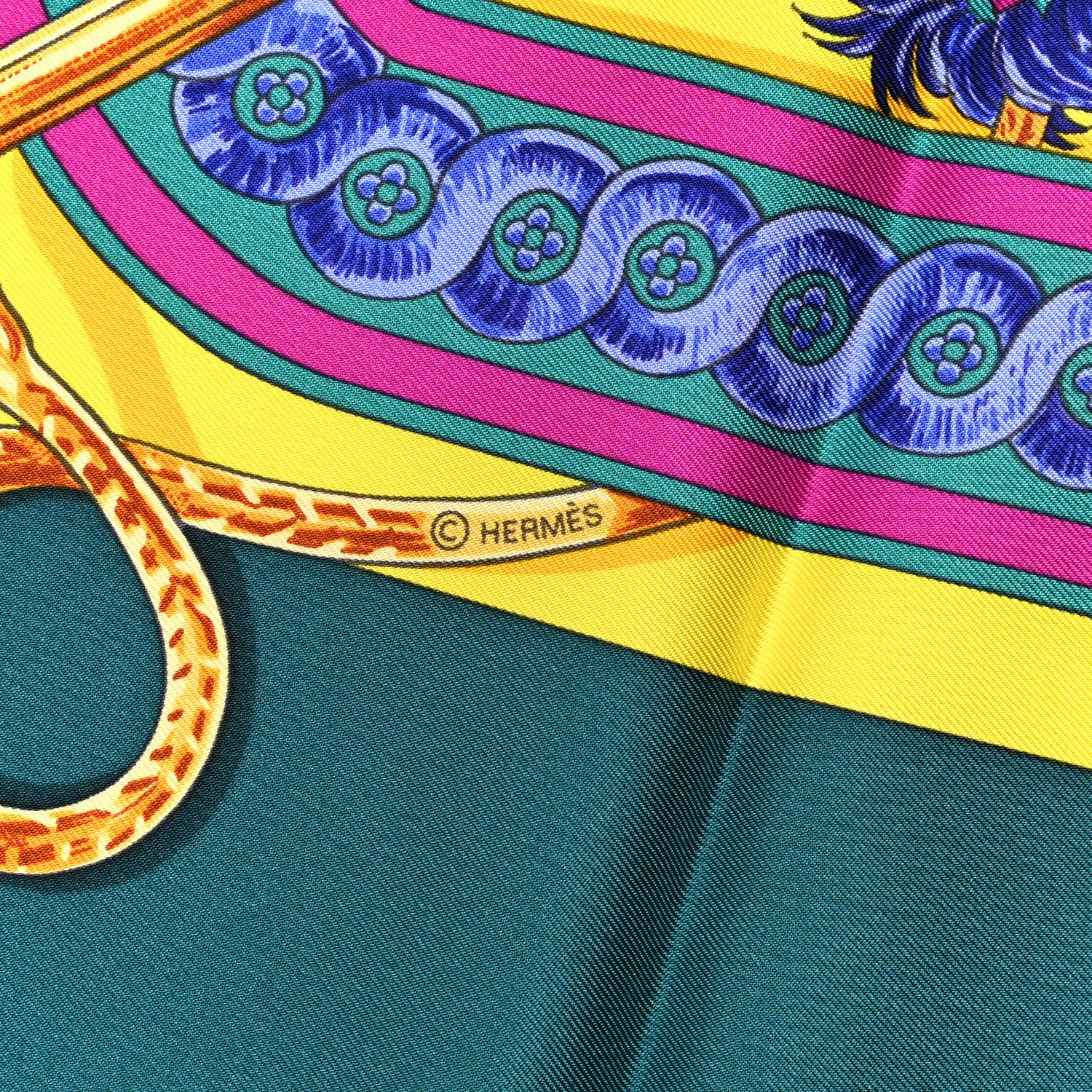 Hermes Silk Bride De Cour Scarf 90 Canard Jaune Vif Fuchsia 3 of 5