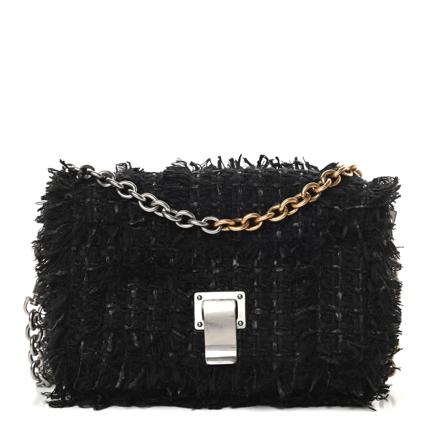 Tweed Frayed Extra Small Courier Shoulder Bag Black
