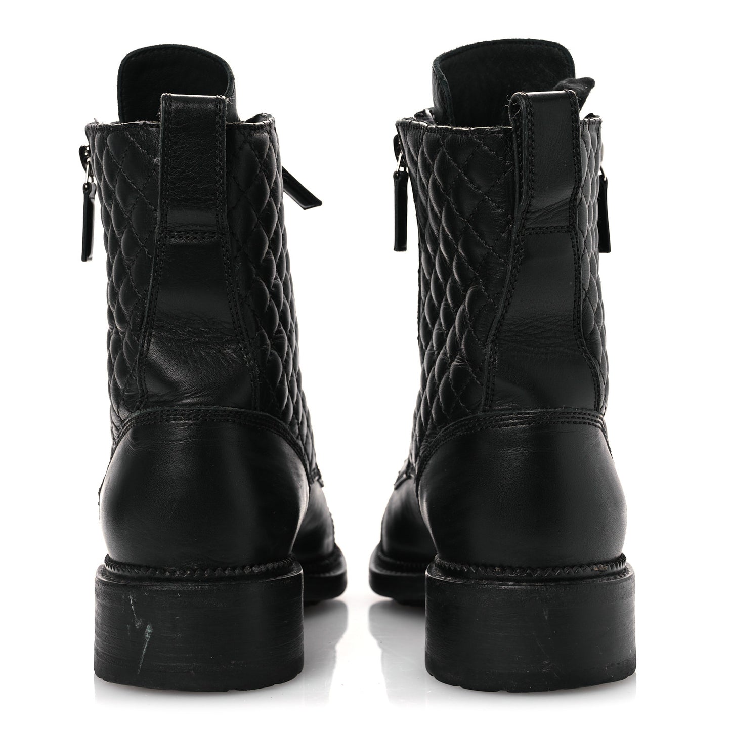 Calfskin Quilted Lace Up Combat Boots 37.5 Black