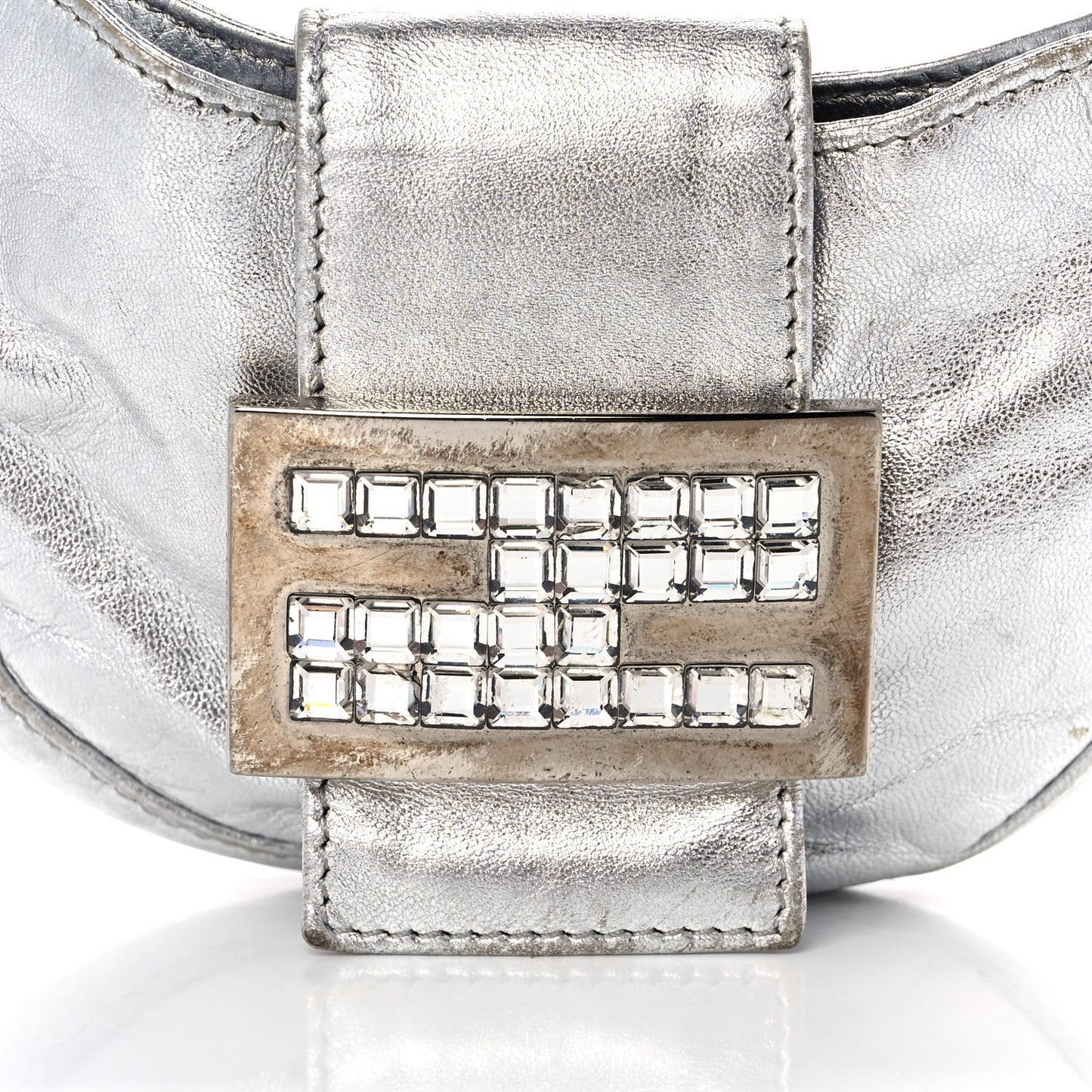 Metallic Calfskin Crystal Mini Half Moon Baguette Silver