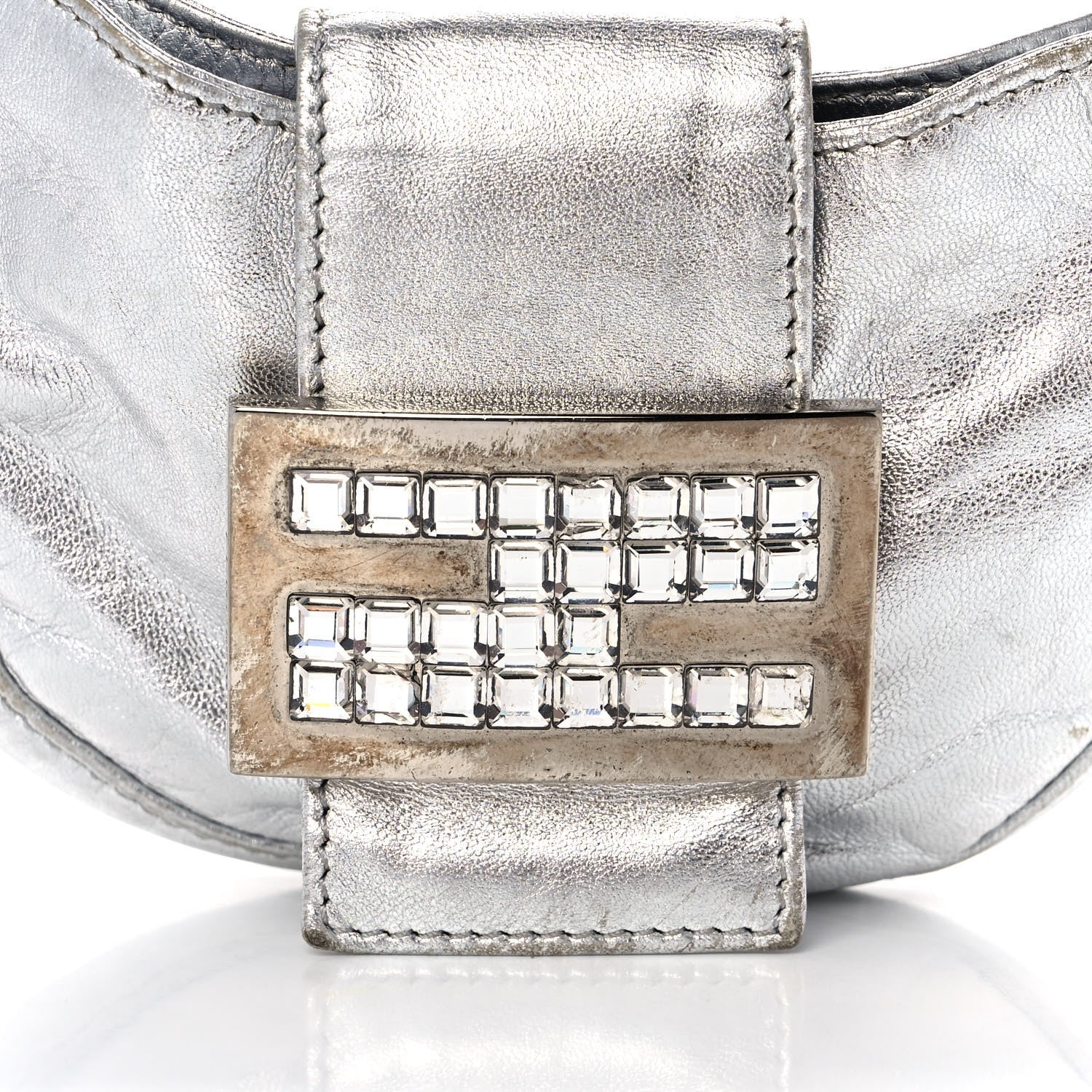 Fendi Metallic Calfskin Crystal Mini Half Moon Baguette Silver 8 of 11