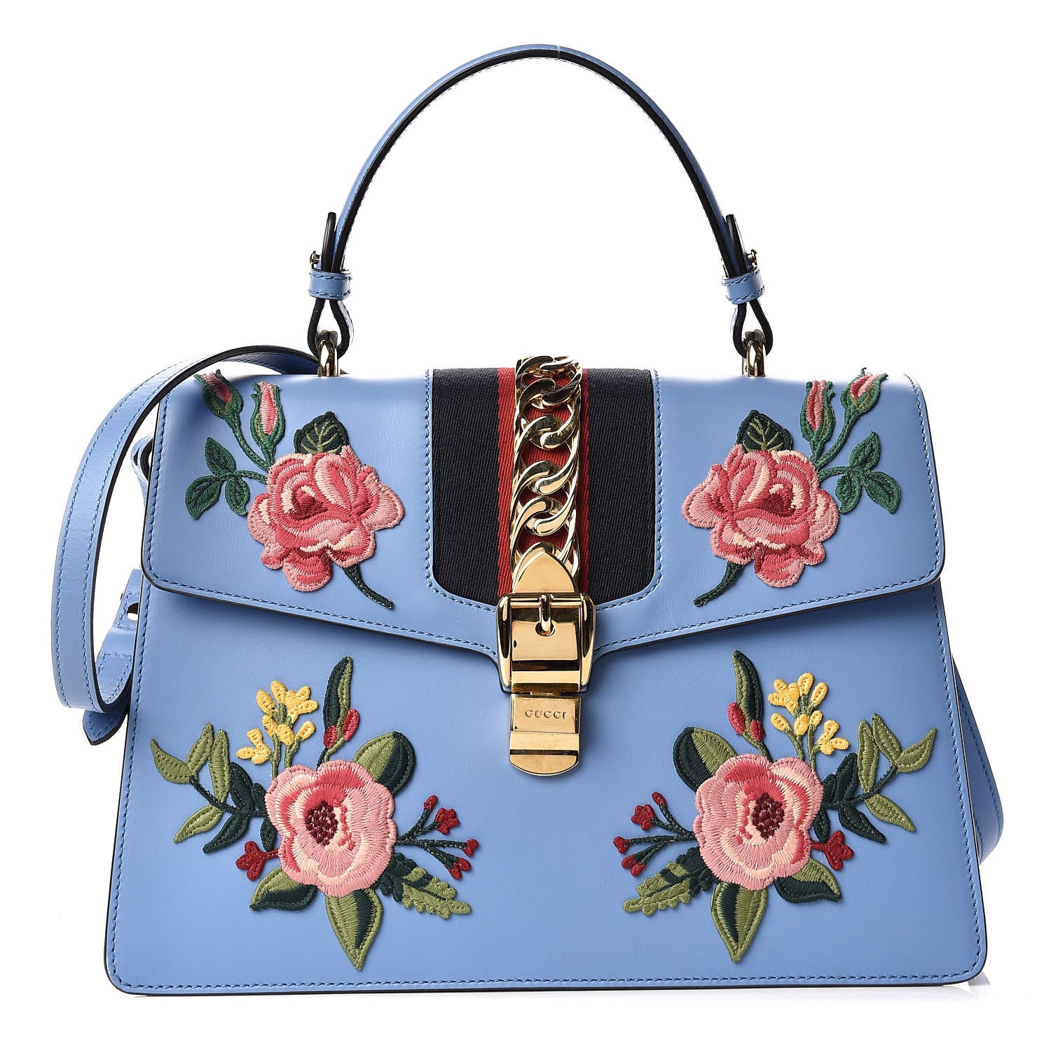 Gucci Calfskin Embroidered Medium Sylvie Top Handle Bag Clear Sky Blue 1 of 10