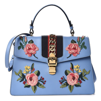 Gucci Calfskin Embroidered Medium Sylvie Top Handle Bag Clear Sky Blue 1 of 10