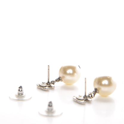 Chanel Crystal Pearl CC Drop Earrings Silver Pearly White 4 of 6