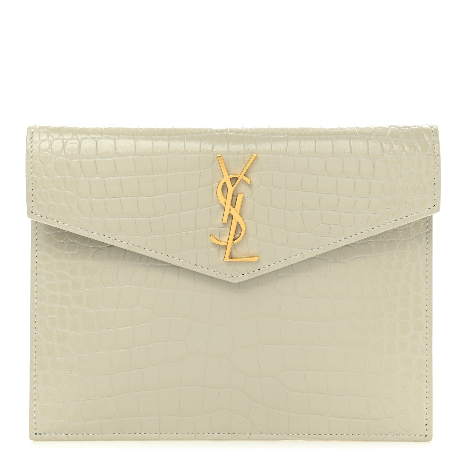 Saint Laurent Calfskin Crocodile Embossed Monogram Uptown Baby Pouch Perle 1 of 8
