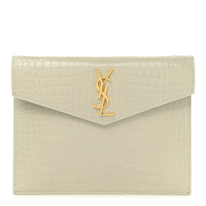 Saint Laurent Calfskin Crocodile Embossed Monogram Uptown Baby Pouch Perle 1 of 8