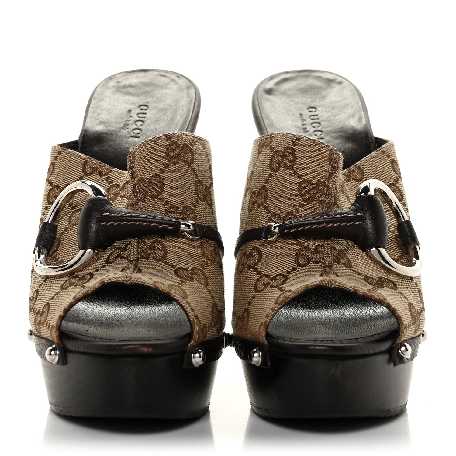 Gucci Monogram Cellarius Soft Calfskin Icon Bit Platform High Heel Slides 39.5 Beige Ebony Cocoa 2 of 10