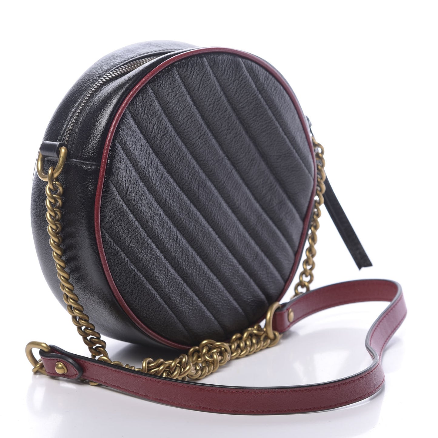 Vintage Effect Calfskin Matelasse Diagonal Mini Torchon GG Marmont Round Shoulder Bag Black Romantic Cherry