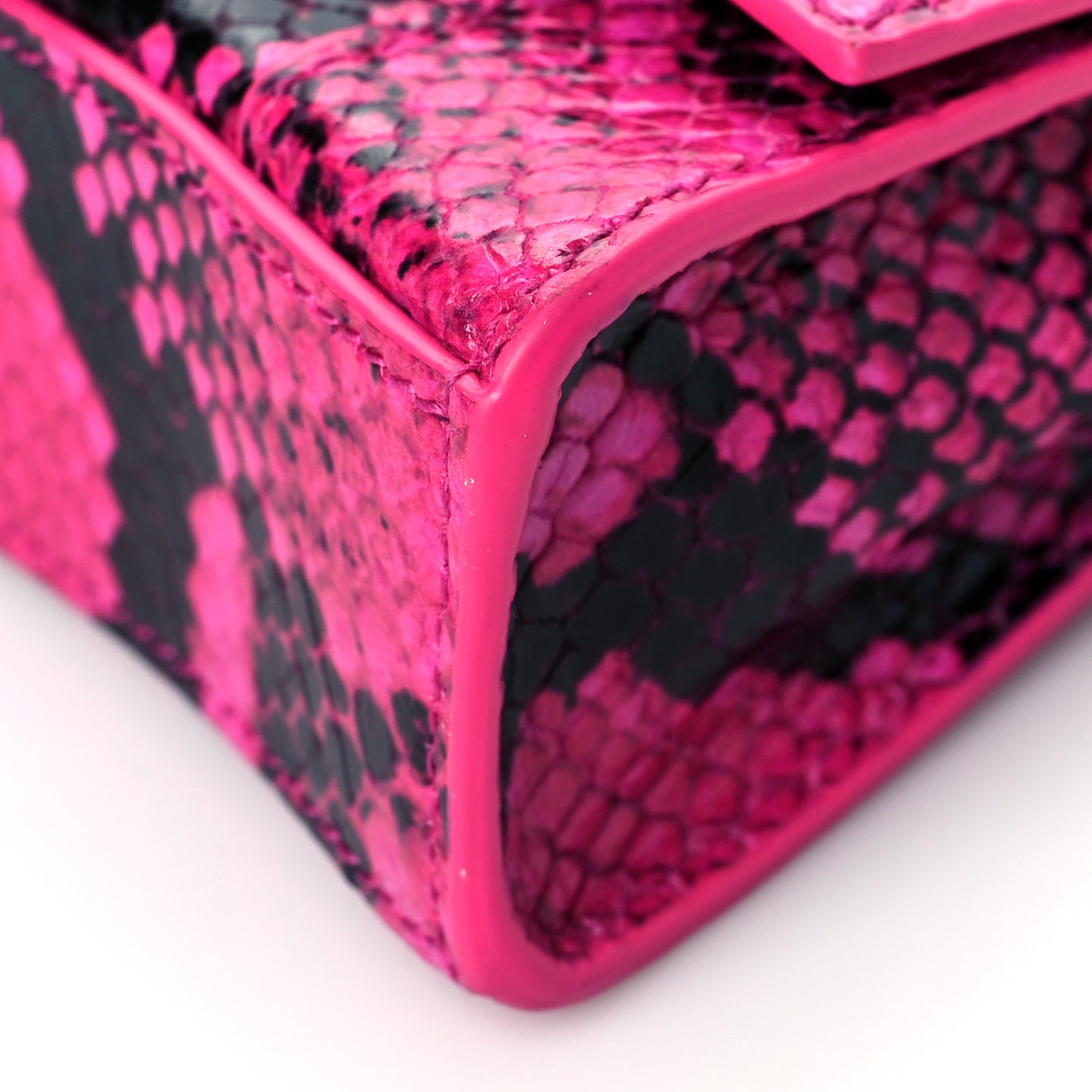 Shiny Calfskin Python Effect Hourglass Top Handle Bag Mini Fuchsia Black