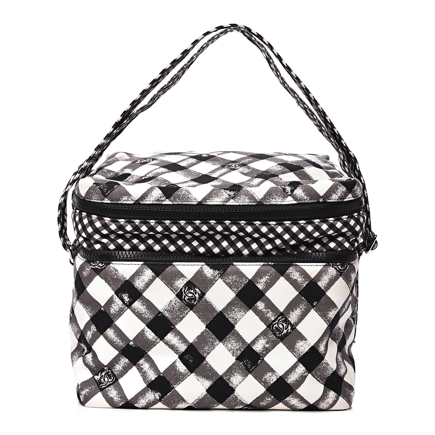 Chanel Canvas Gingham Printed CC Lunch Box Bag Black White 1 of 10