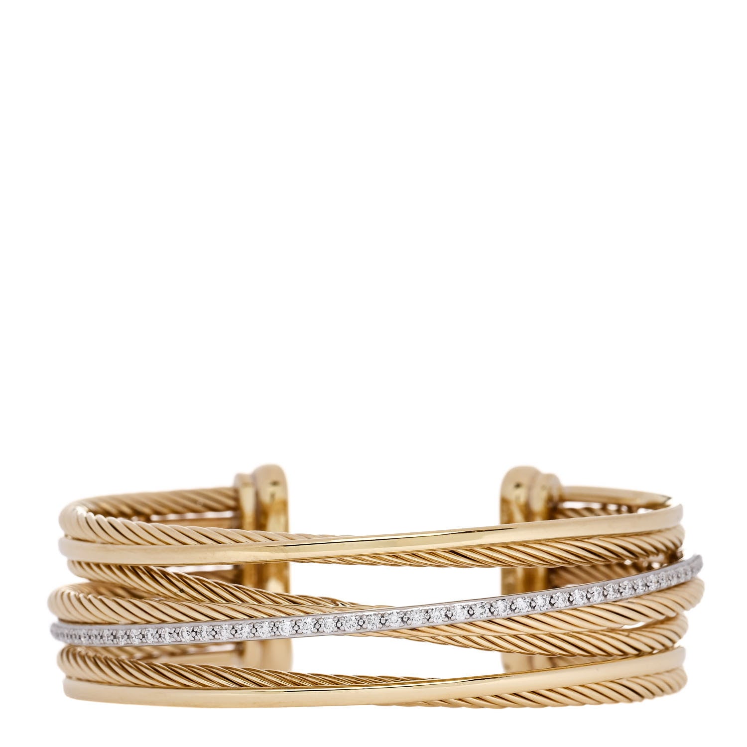 David Yurman 18K Yellow White Gold Diamond Crossover Four Row Cuff Bracelet 1 of 3
