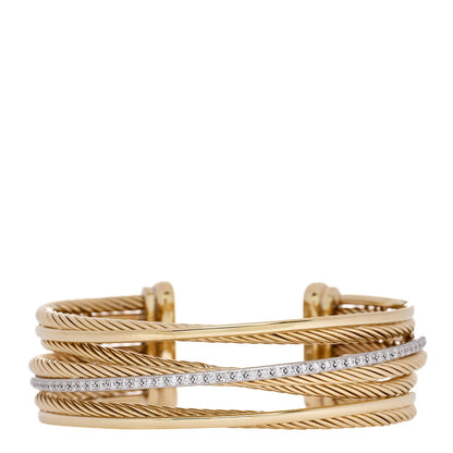David Yurman 18K Yellow White Gold Diamond Crossover Four Row Cuff Bracelet 1 of 3