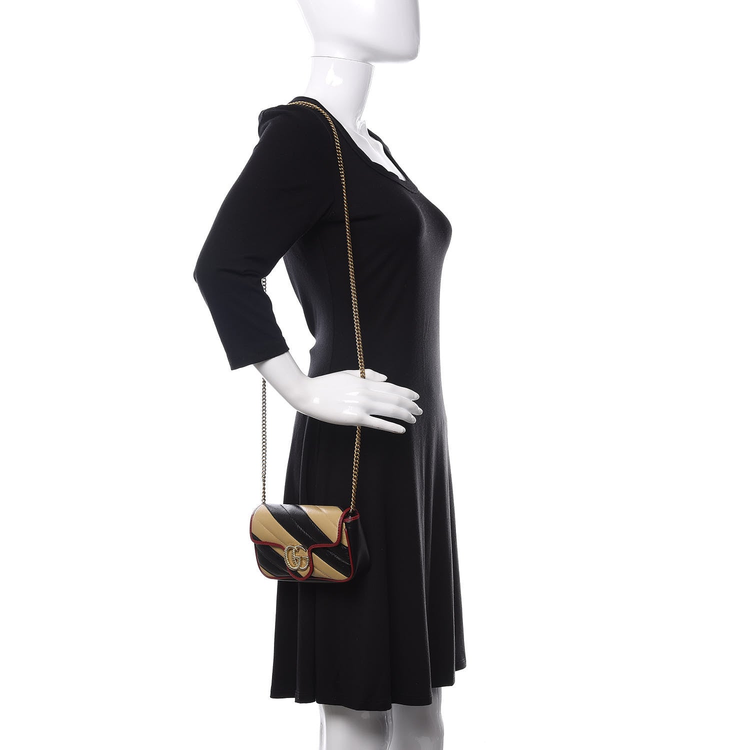 Gucci Vintage Effect Calfskin Matelasse Diagonal Striped Super Mini Torchon GG Marmont Shoulder Bag Black Beige 2 of 11