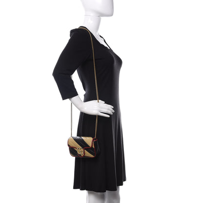 Gucci Vintage Effect Calfskin Matelasse Diagonal Striped Super Mini Torchon GG Marmont Shoulder Bag Black Beige 2 of 11
