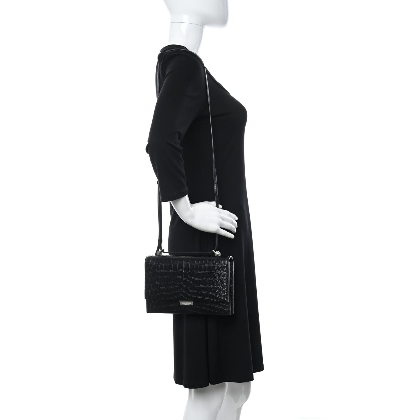 Calfskin Crocodile Embossed Small Babylone Black