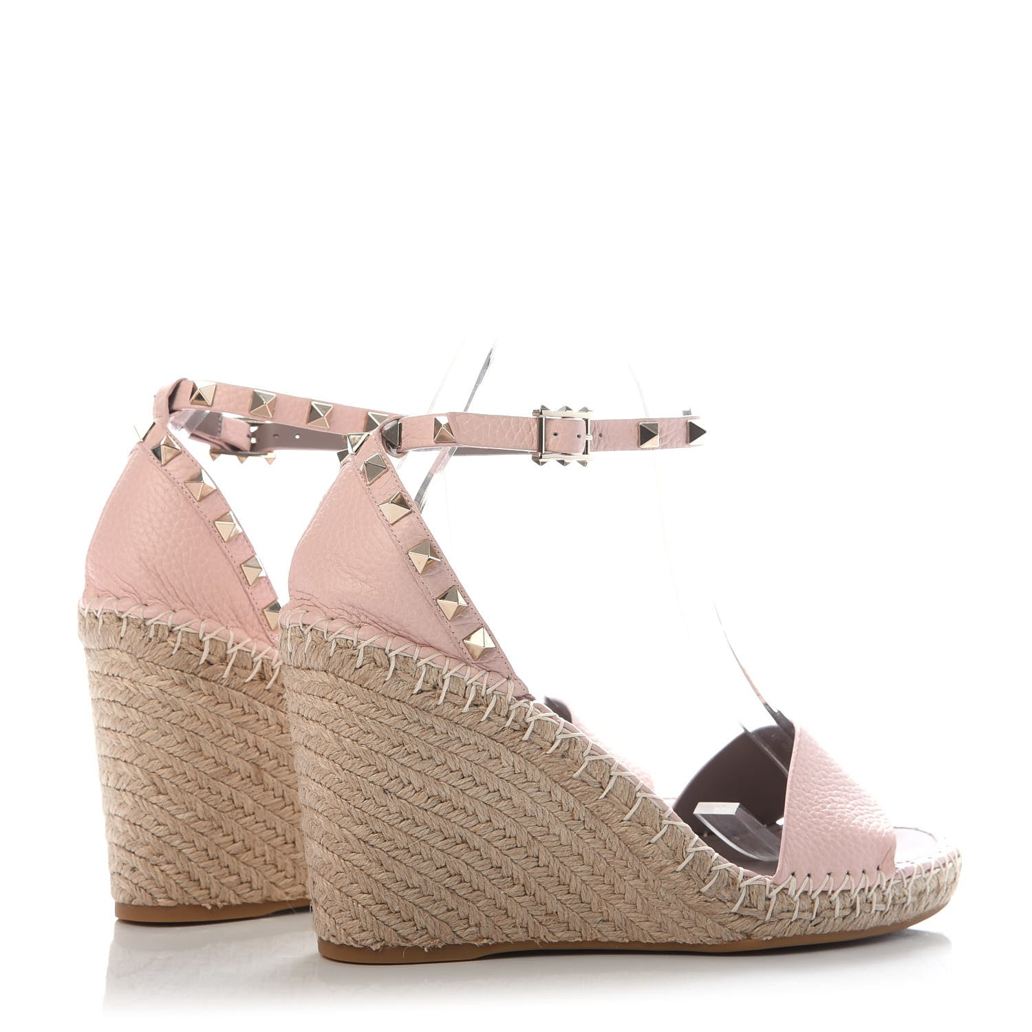 Valentino Garavani Grained Calfskin Rockstud Ankle Strap Espadrille 15/105mm Wedge Sandals 40 Rose Quartz Natural 4 of 8