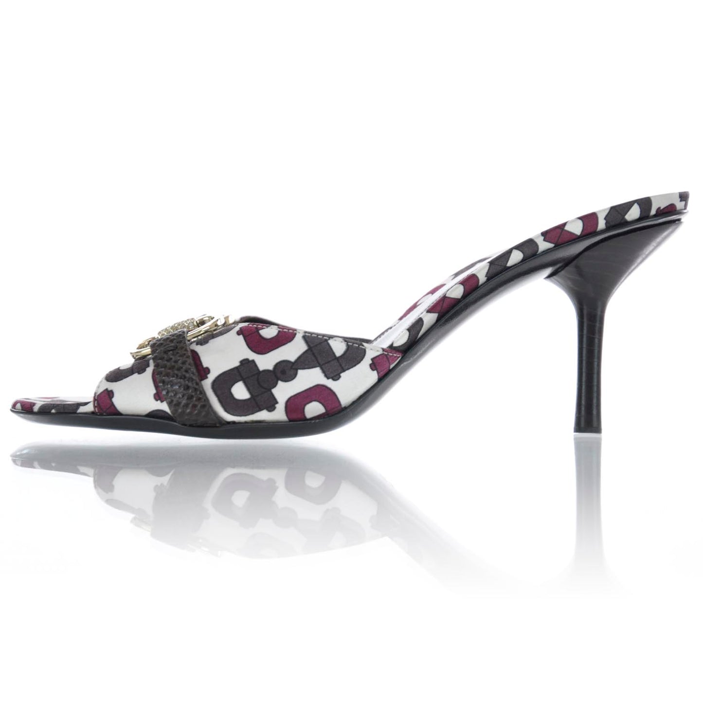 Satin Crystal Horsebit Print Heels 7