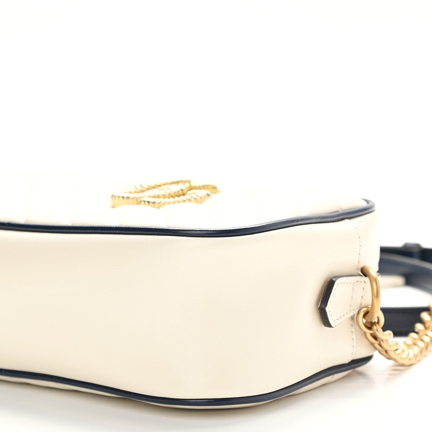 Vintage Effect Calfskin Matelasse Diagonal Small Torchon GG Marmont Chain Shoulder Bag Mystic White Blue Agata