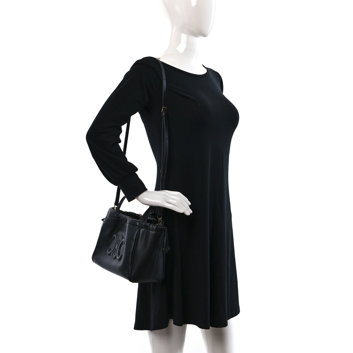 Smooth Calfskin Cuir Small Triomphe Cabas Drawstring Black