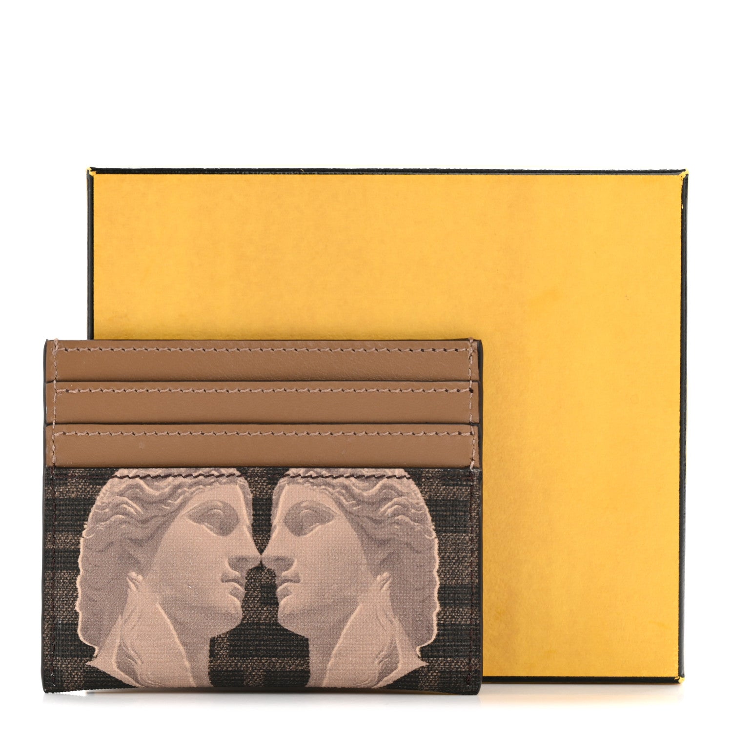 Fendi Glazed Fabric Vitello FF 1974 Statue Card Holder Moro Sand