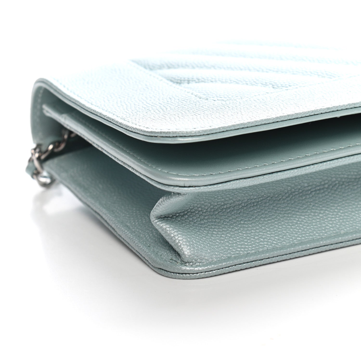 Chanel Metallic Caviar Chevron Quilted Vintage Mademoiselle Wallet On Chain WOC Light Blue 8 of 9
