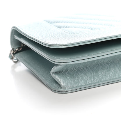 Chanel Metallic Caviar Chevron Quilted Vintage Mademoiselle Wallet On Chain WOC Light Blue 8 of 9