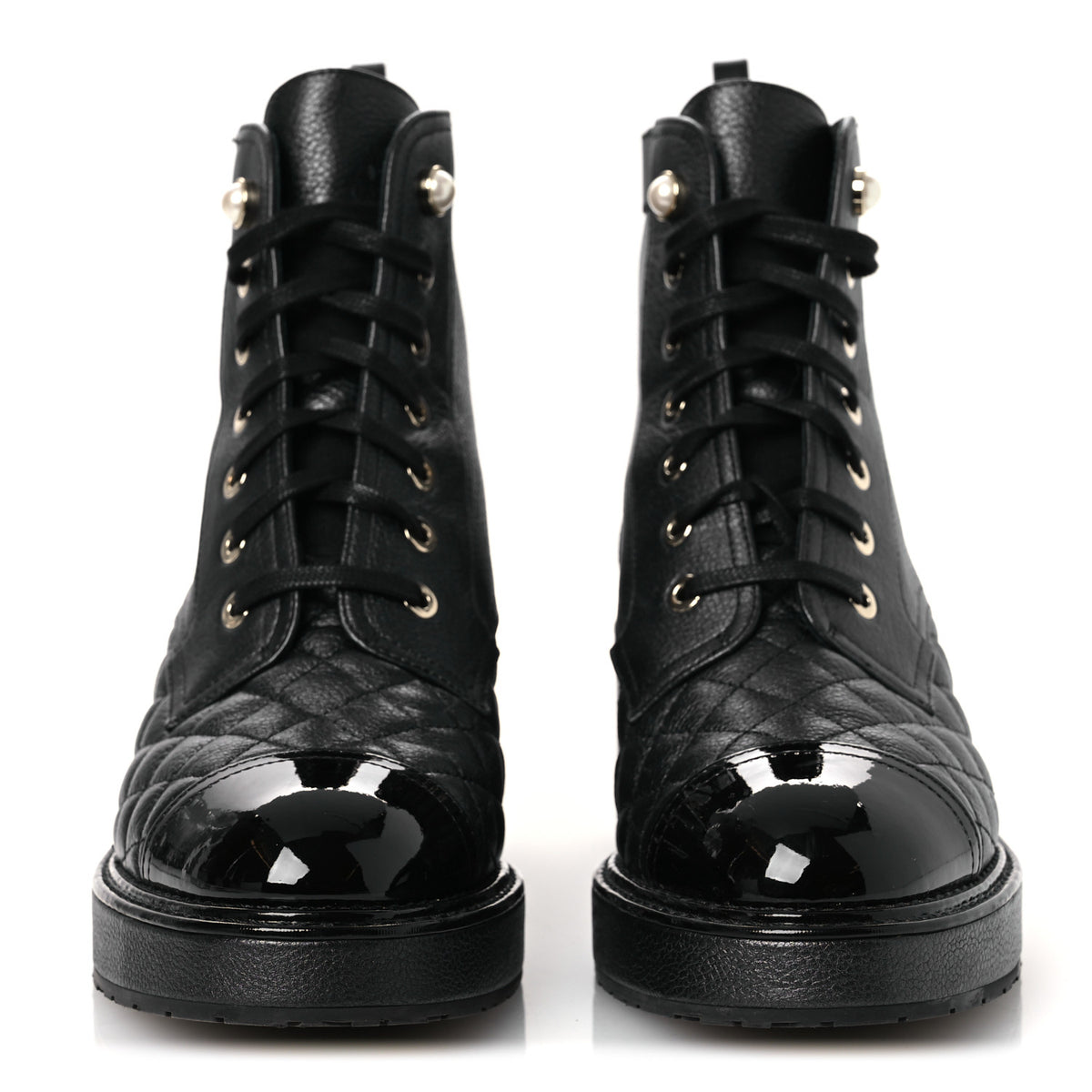 Pearly Calfskin Patent Calfskin Lace Up Combat Boots 38 Black