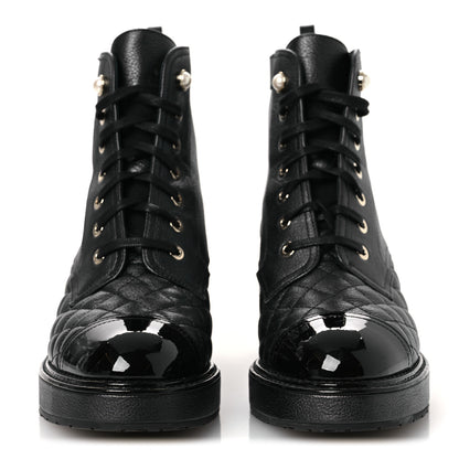 Chanel Pearly Calfskin Patent Calfskin Lace Up Combat Boots 38 Black 3 of 15