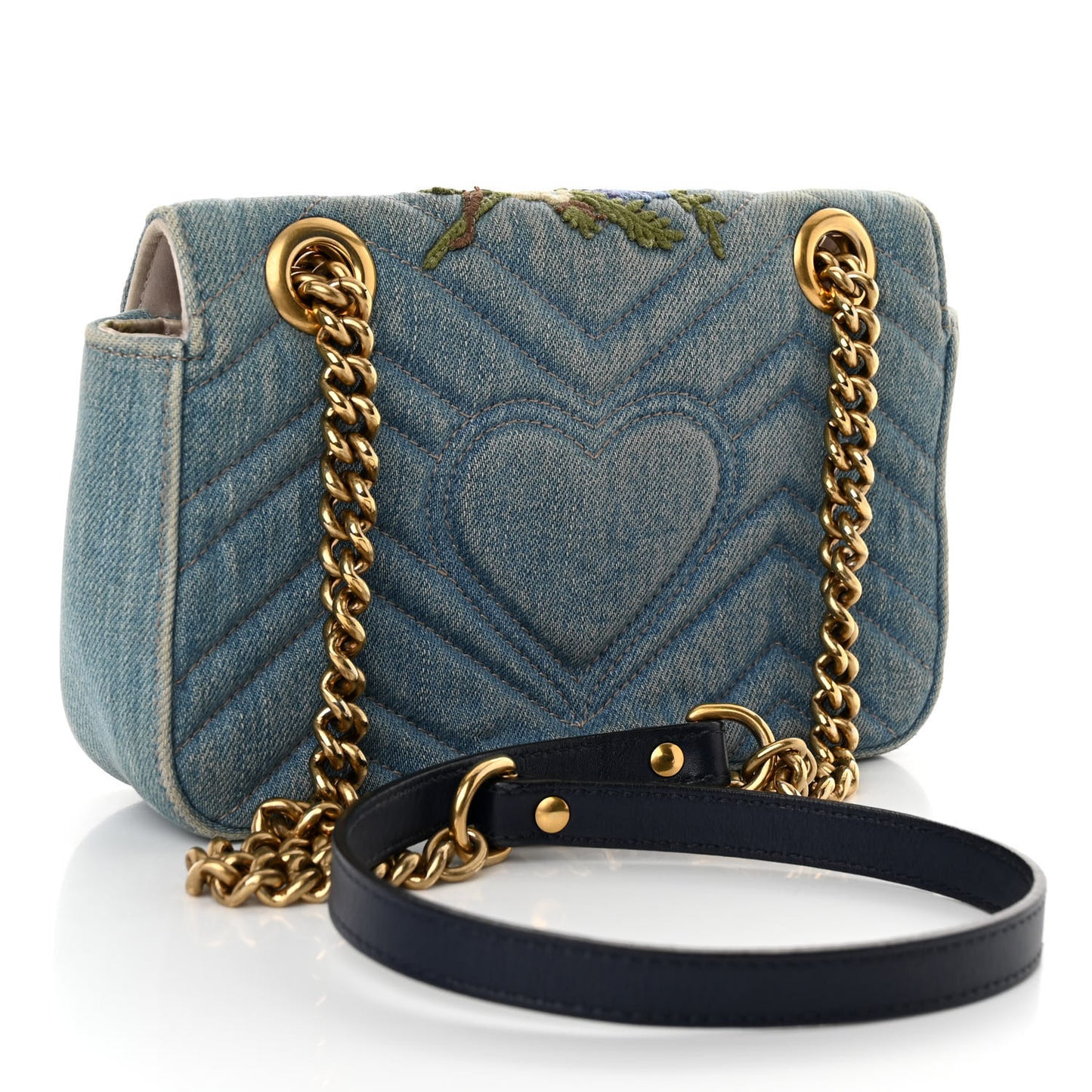Denim Matelasse Floral Embroidered Mini GG Marmont Shoulder Bag Blue