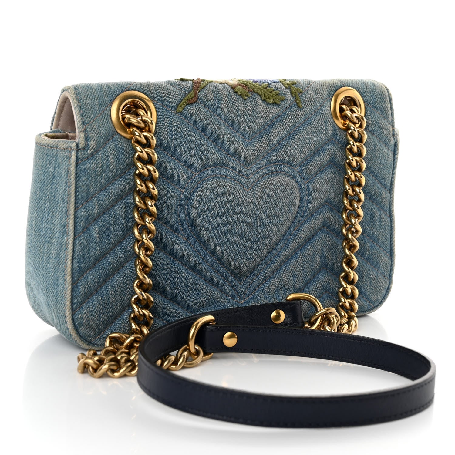 Gucci Denim Matelasse Floral Embroidered Mini GG Marmont Shoulder Bag Blue 3 of 12