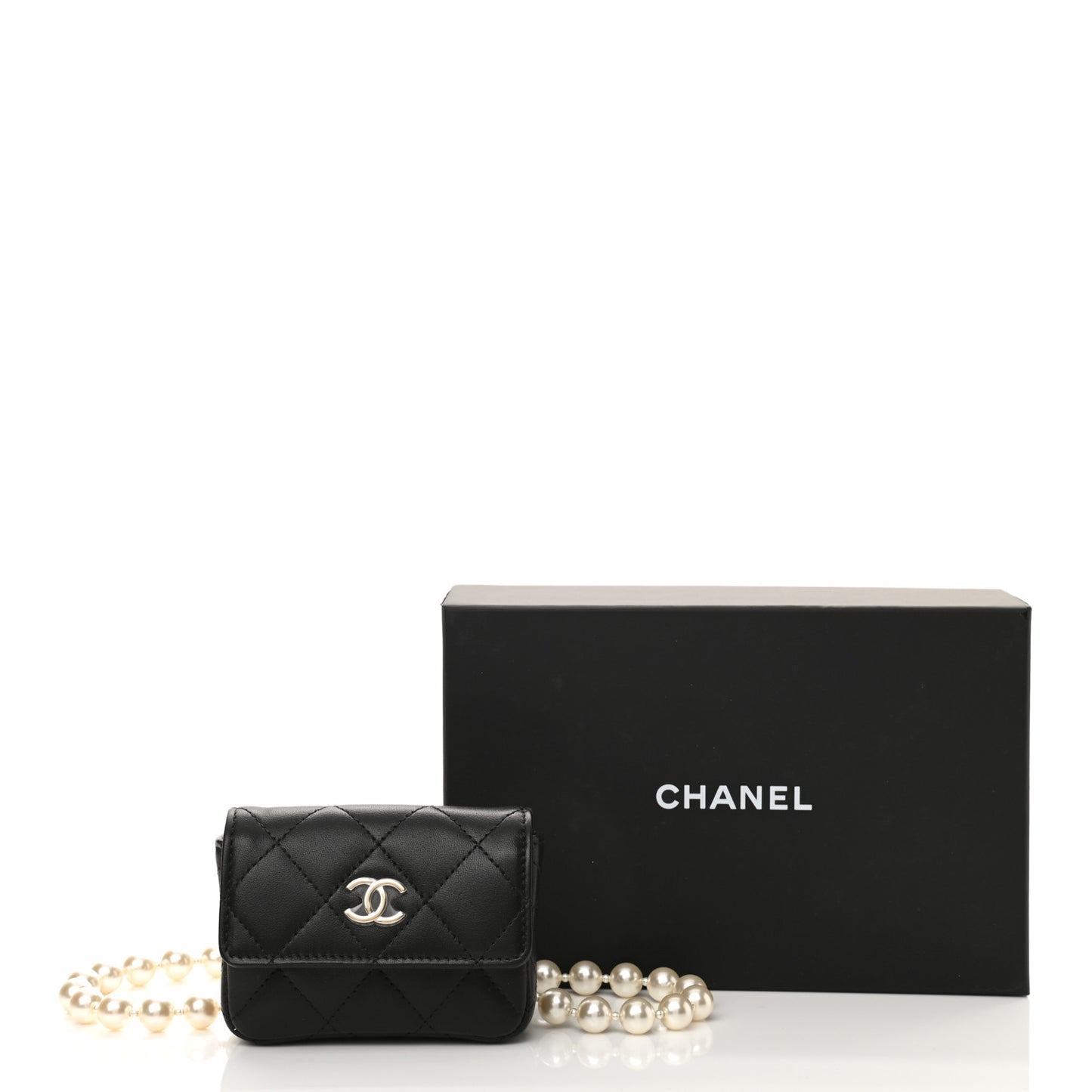 Lambskin Quilted Pearl Chain Belt Bag Black