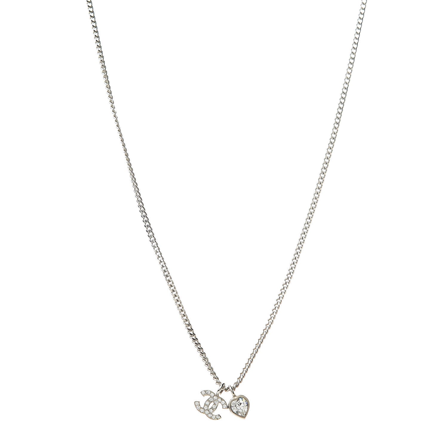 Chanel Crystal Mini Heart CC Necklace Silver 1 of 5