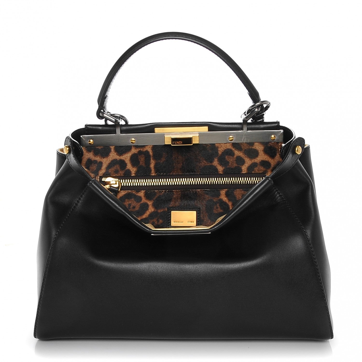 Fendi Calfskin Calf Hair Leopard Print Medium Peekaboo Iconic Satchel Black 1 of 7