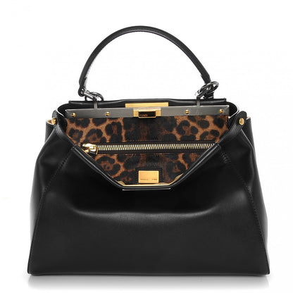 Fendi Calfskin Calf Hair Leopard Print Medium Peekaboo Iconic Satchel Black 1 of 7