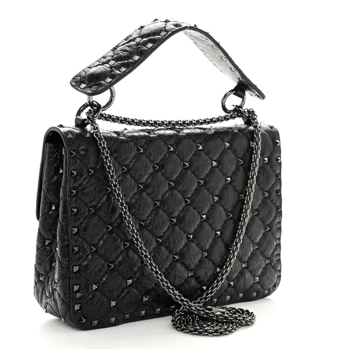 Craquele Nappa Medium Rockstud Spike Shoulder Bag Black