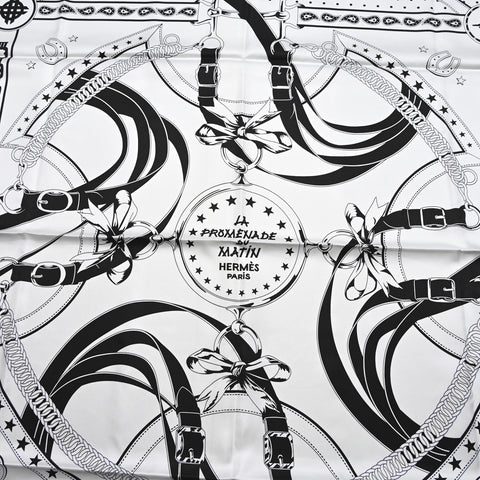 Cashmere Silk La Promenade du Matin Bandana Shawl 140 White Black Cuir