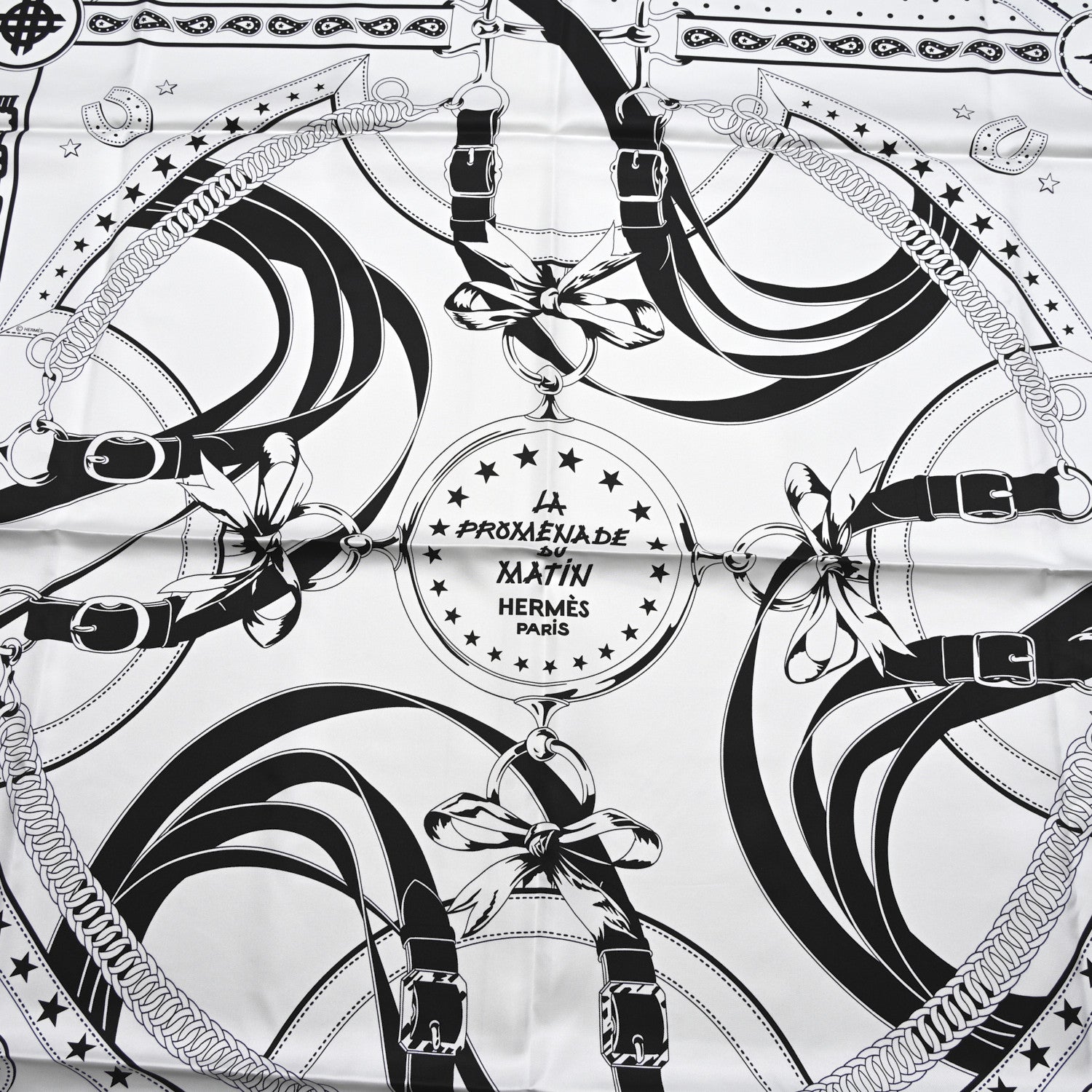 Hermes Cashmere Silk La Promenade du Matin Bandana Shawl 140 White Black Cuir 2 of 4