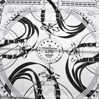 Hermes Cashmere Silk La Promenade du Matin Bandana Shawl 140 White Black Cuir 2 of 4