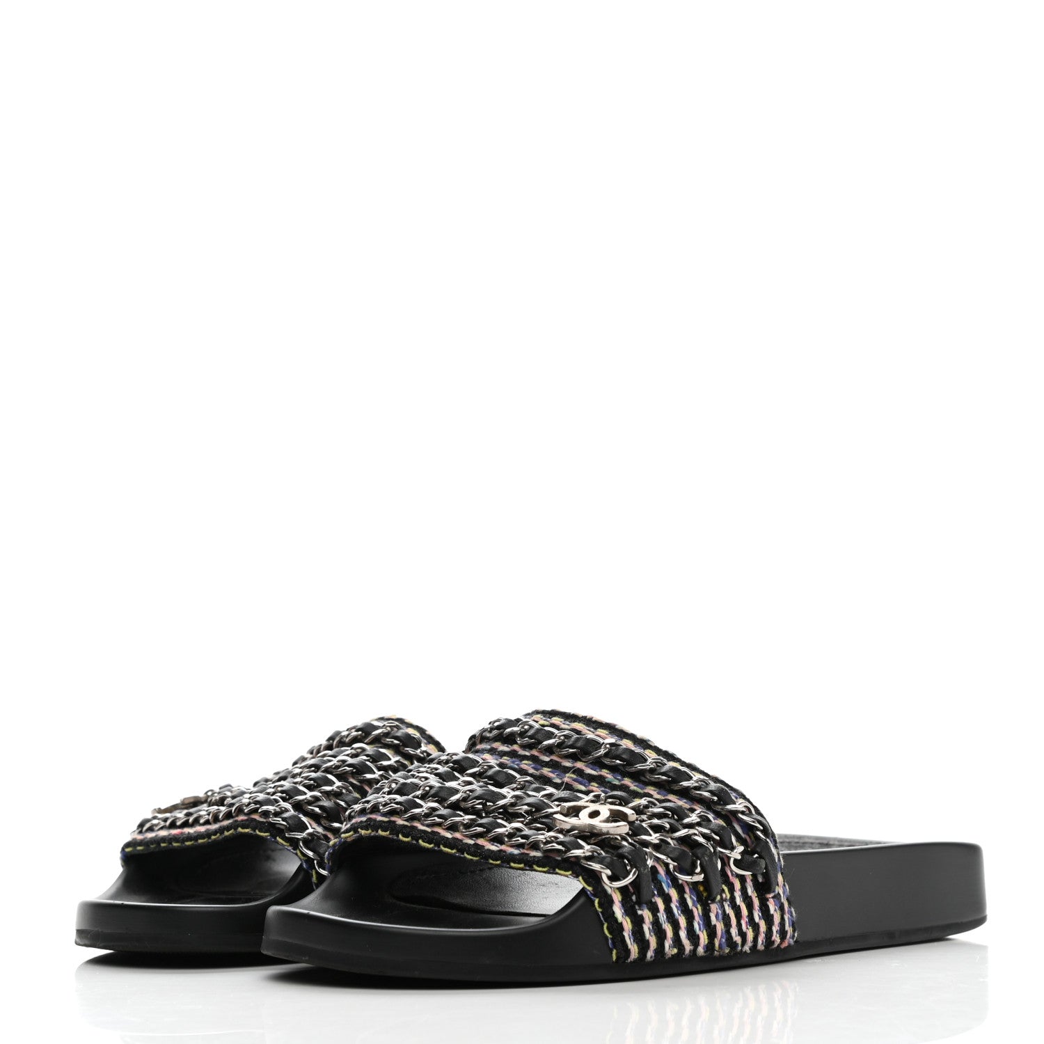 Chanel Tweed Lambskin Chain Flat Sandals 35 Black Multicolor 3 of 14