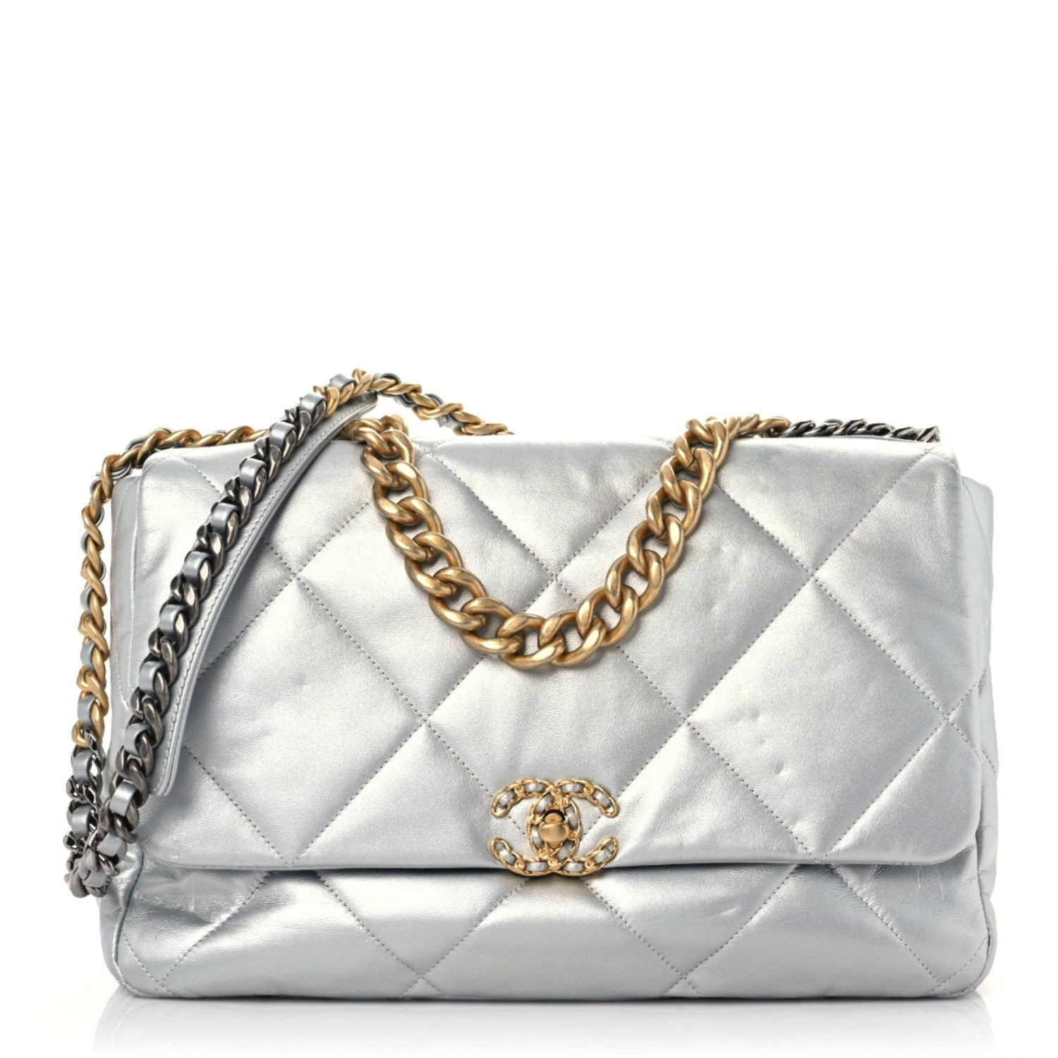 Chanel Metallic Goatskin Quilted Maxi Chanel 19 Flap Silver 1 of 12
