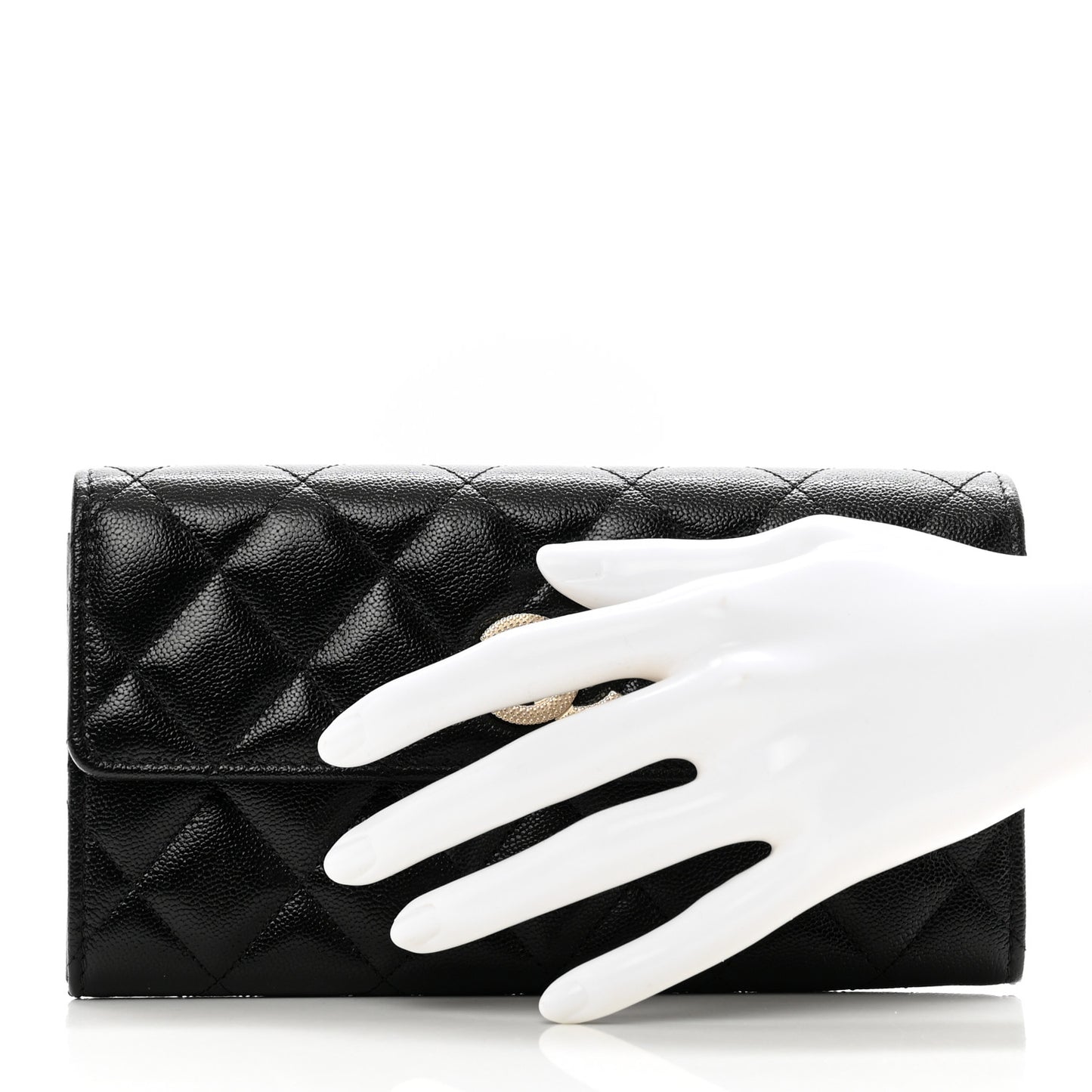 Caviar Quilted Studded CC Large Gusset Flap Wallet Black