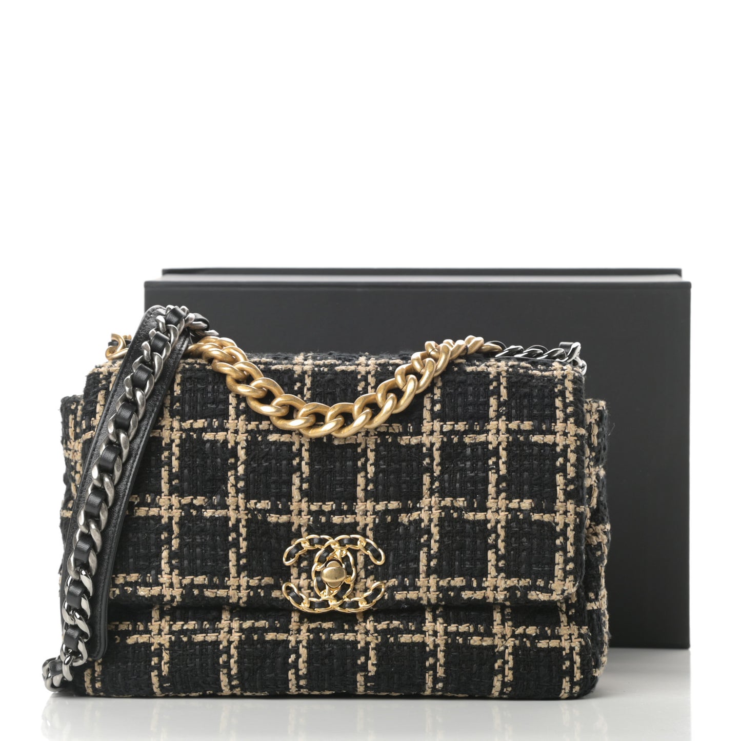 Tweed Quilted Medium Chanel 19 Flap Black Beige
