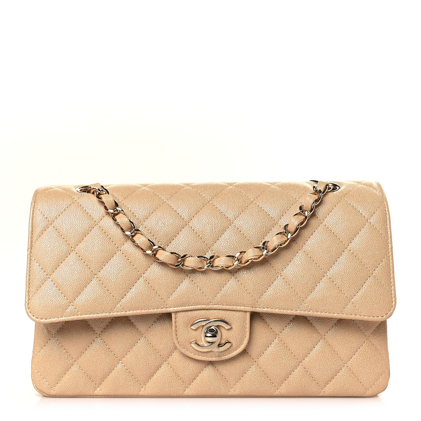 Iridescent Caviar Quilted Medium Double Flap Beige