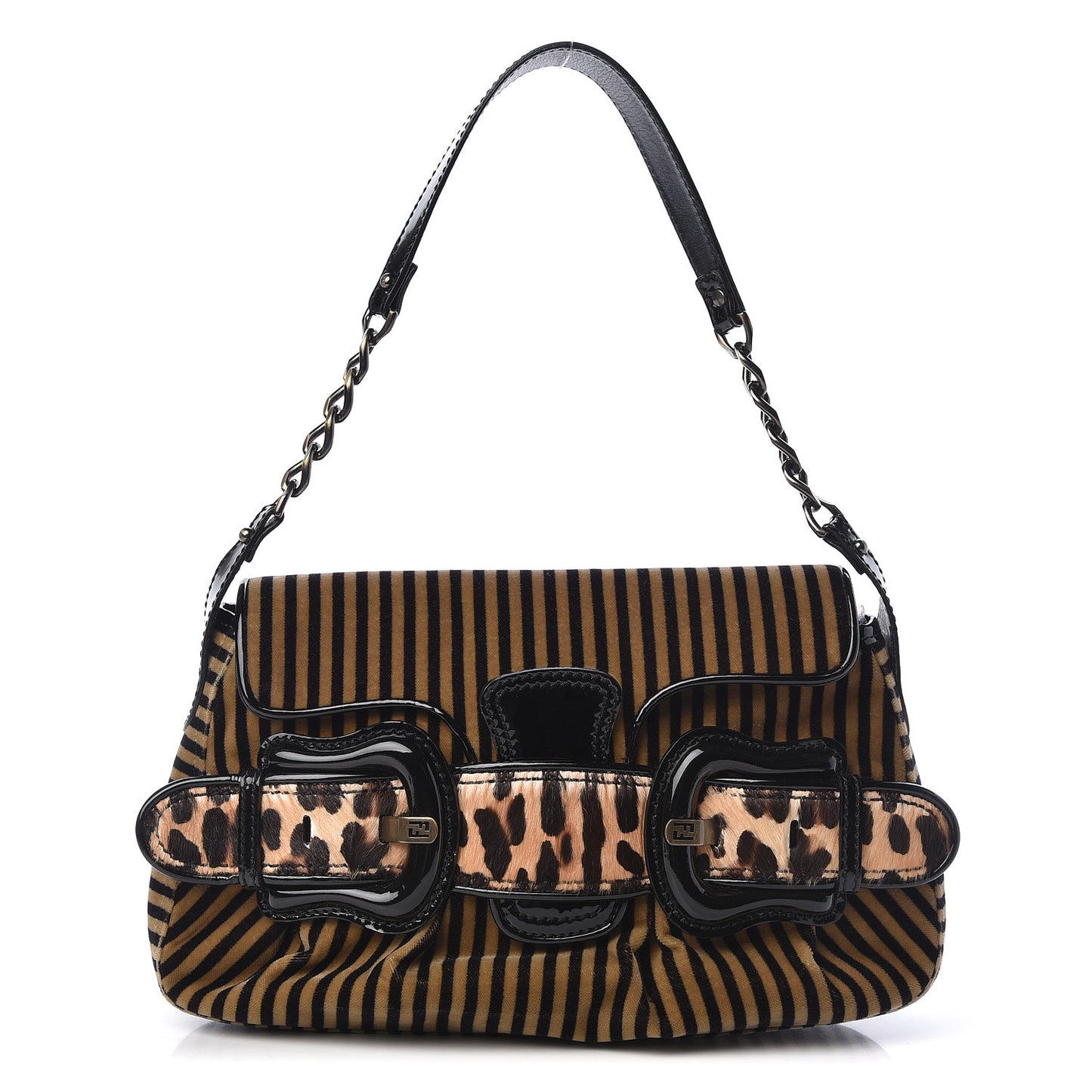 Velvet Calf Hair Leopard Print B Bis Flap Shoulder Bag Tobacco