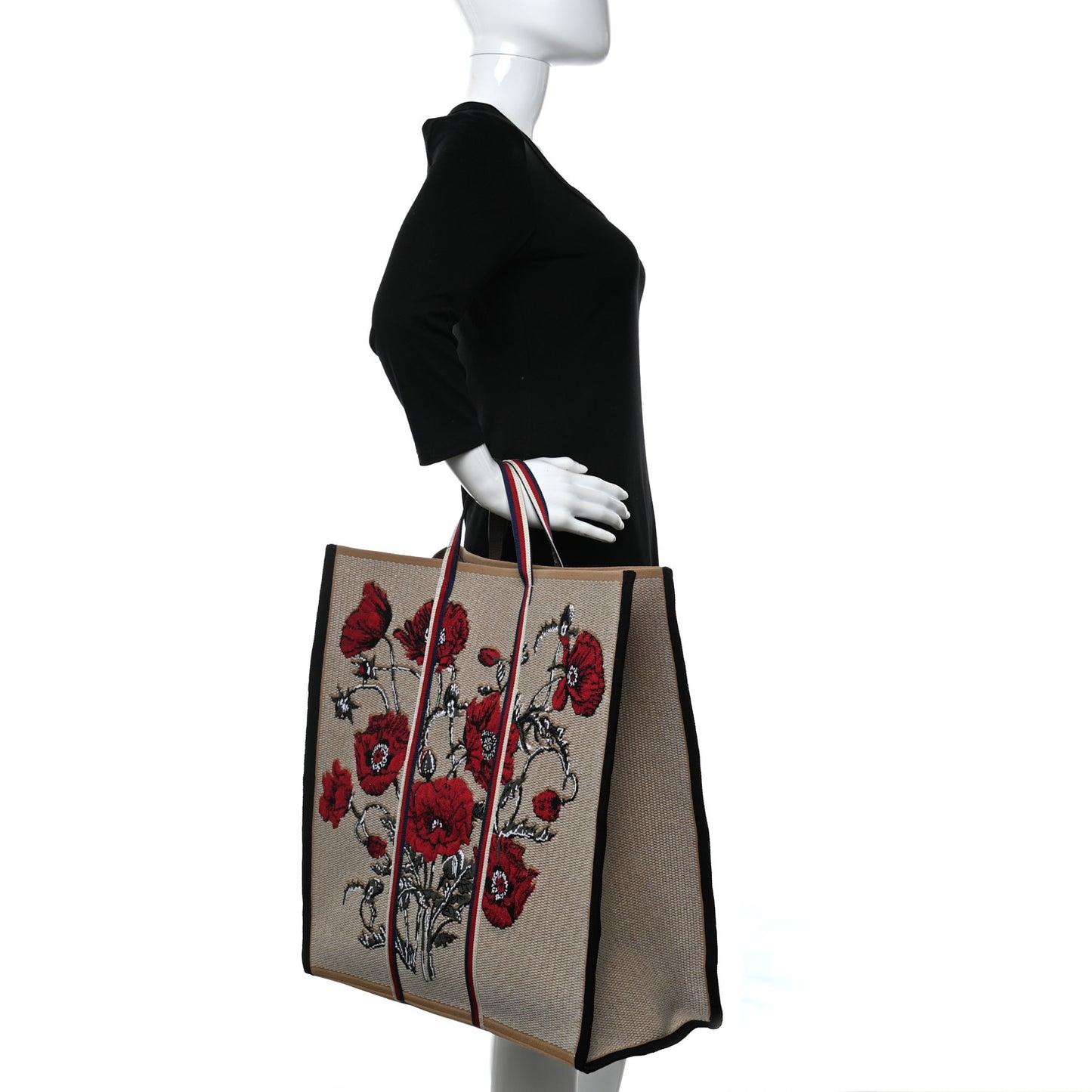 Canvas Woven Floral Embroidered Vertical Tote Beige Multicolor
