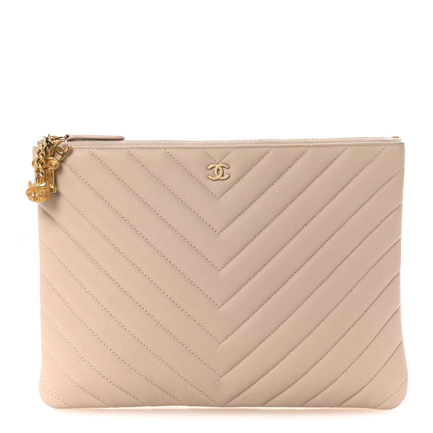 Chanel Caviar Chevron Quilted Medium Zip Pouch Light Beige 1 of 10