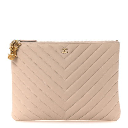 Chanel Caviar Chevron Quilted Medium Zip Pouch Light Beige 1 of 10